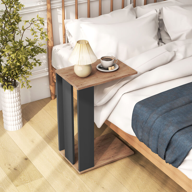 Mobile 2-Tier C-Shaped Side Table with Storage Shelf and Rolling Wheels
