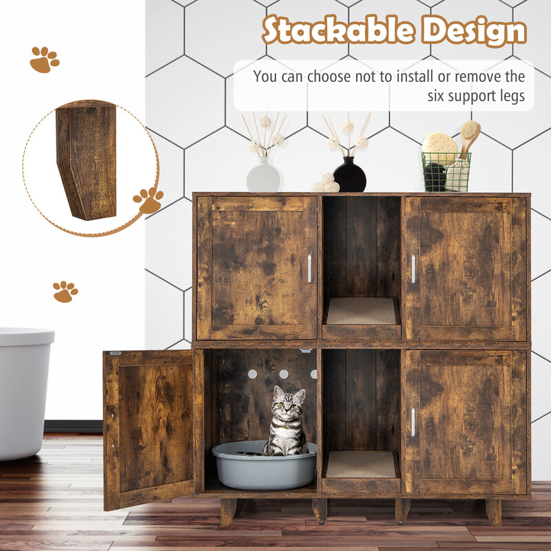 2-Door Cat Litter Box Enclosure with Winding Entry and Scratching Board