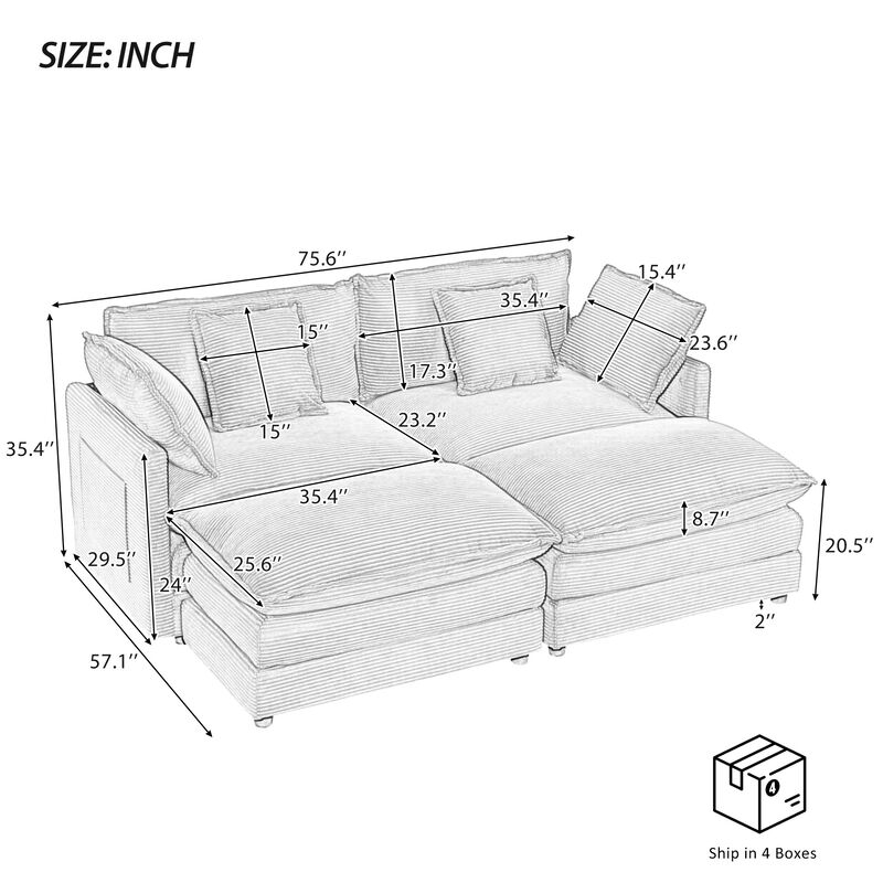 Merax Corduroy Sectional Sofa with Side Storage Pockets
