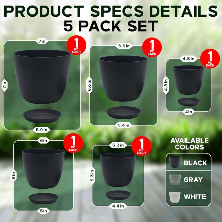 Campior Plastic Plant Pots with Drainage - Home Decor Flower Pot, Stackable Design for Indoor & Outdoor Use, Lightweight and Sturdy, Space-Saving, (7”, 6.6”, 6”, 5.3”, 4.8” Inches), Pack of 5, Black
