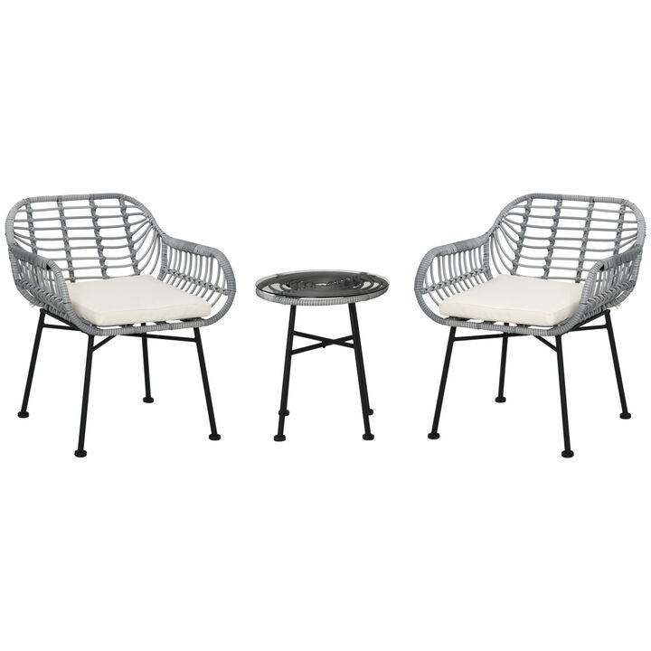 3-Piece Rattan Bistro Outdoor Table & Chairs Furniture Patio Set, Garden, Grey