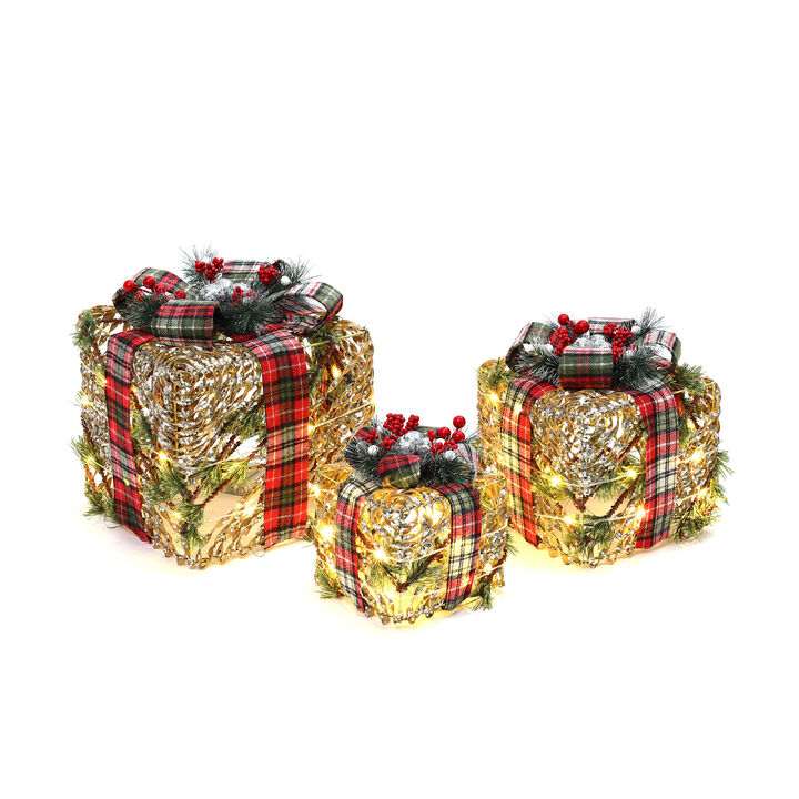 LuxenHome 3-Piece Artificial Pine Branches Giftbox Holiday Decoration Set with Battery Operated Lights