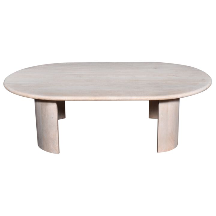 Kipp Coffee Table, 51 Inch Rounded Oblong Top, White Solid Mango Wood - Benzara