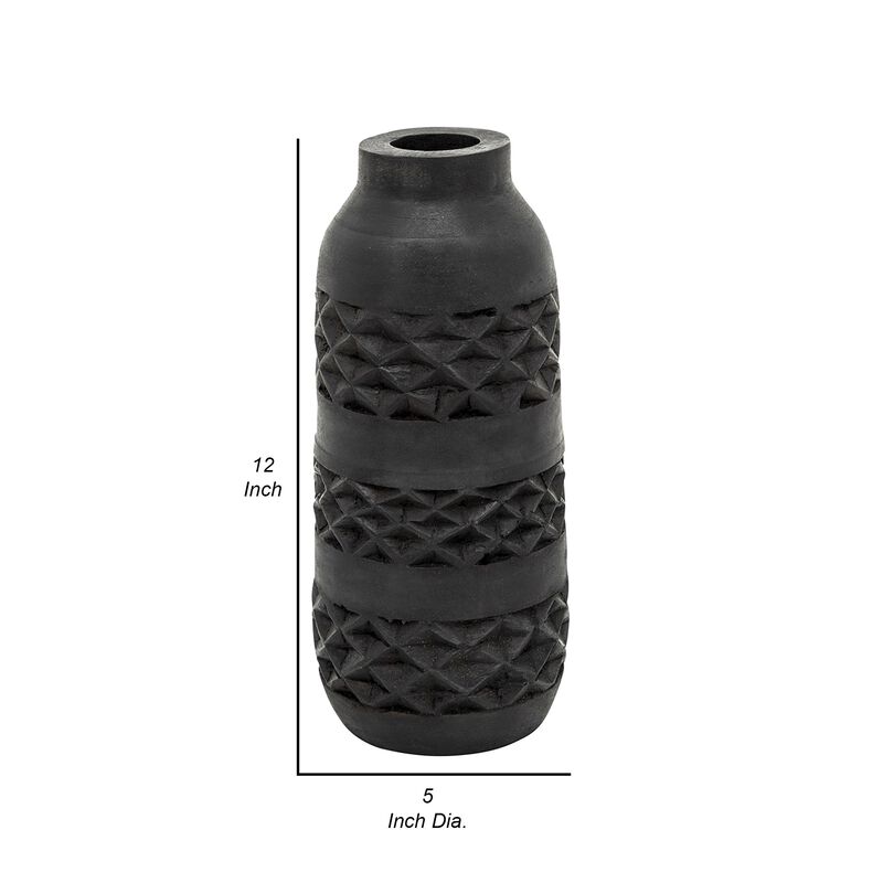 Yuka 12 Inch Vase, Bottle Shape, Embossed Diamond Patterns, Stained Black - Benzara