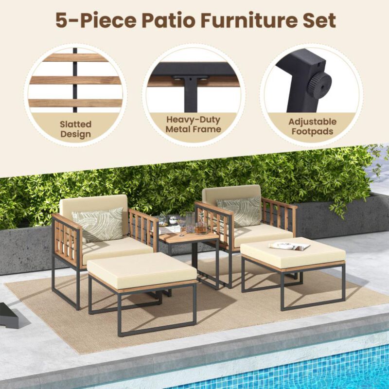 Hivvago 5 Piece Outdoor Furniture Set Acacia Wood Chair Set with Ottomans and Coffee Table