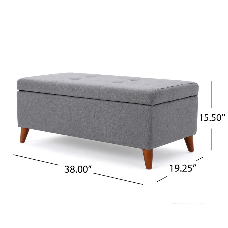 Storage Ottoman Bench, Gray Fabric Cushions, Brown Wood Legs, 38 Inch - Benzara