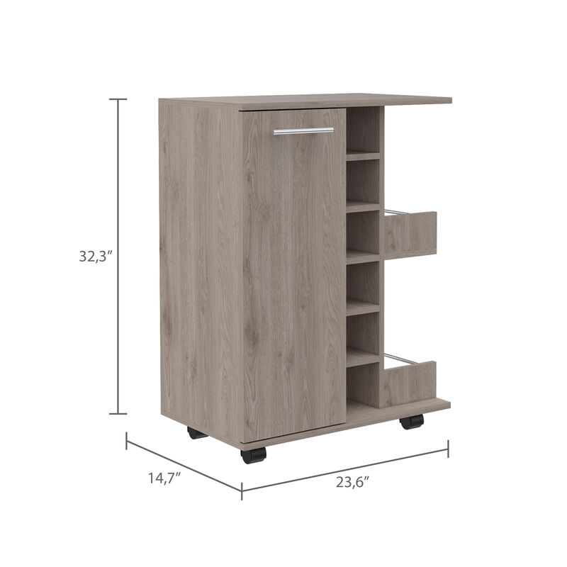 DEPOT E-SHOP Magda Bar Cart, Four Casters, Six Built-in Wine Rack, Single Door Cabinet, Two External Shelves, Light Oak