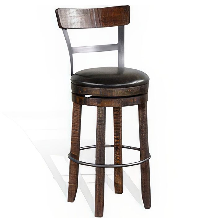 Flint Swivel Barstool Chair Set of 2, Black Faux Leather, Dark Brown - Benzara