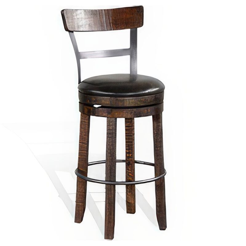 Flint Swivel Barstool Chair Set of 2, Black Faux Leather, Dark Brown - Benzara