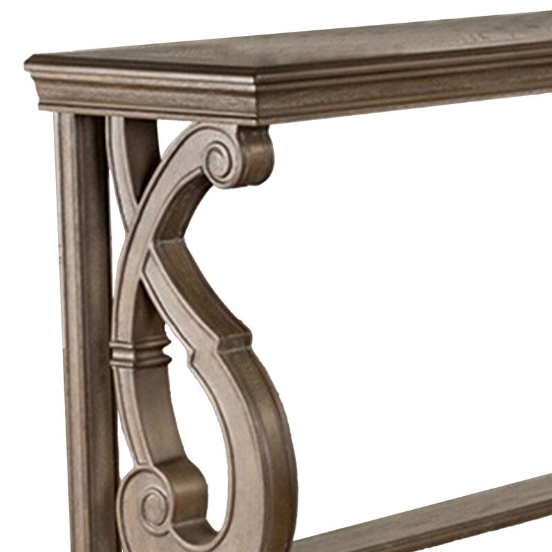 Gia Sofa Table, 50 Inch Rectangular, Carved Details, Brown Solid Wood
