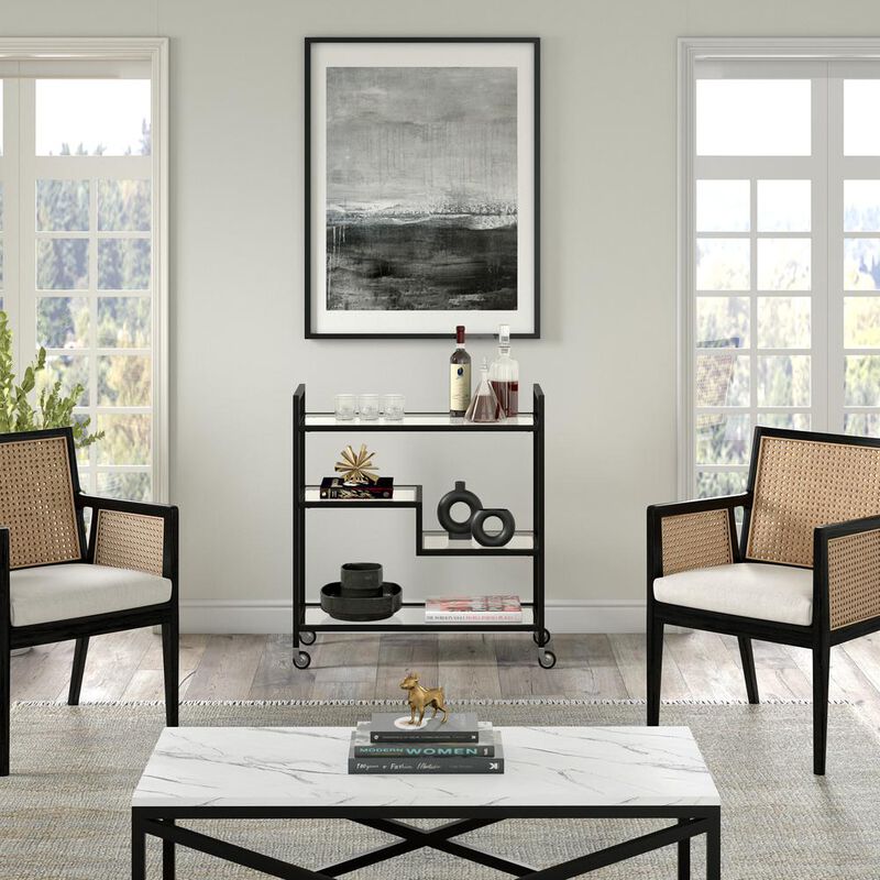 Hudson&Canal Lovett 33 Wide Rectangular Bar Cart with Glass Shelves in Blackened Bronze