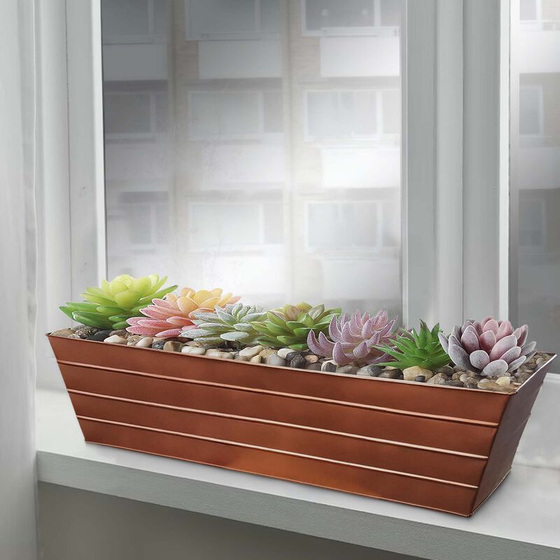 Rectangular Metal Flower Planter Box with Embossed Line Design, Large, Copper - Benzara
