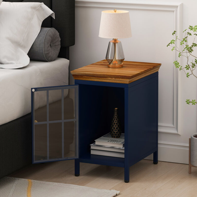 Solid Wood Nightstand with Storage Cabinet in Dark Blue