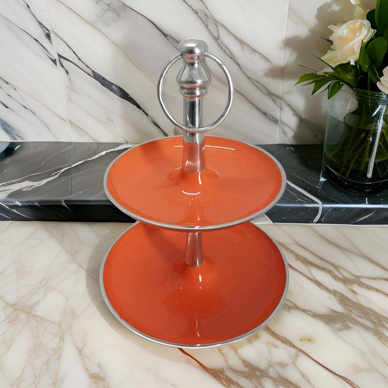 Lio 12 Inch 2 Tier Serving Tray, Orange Round Plate, Silver Aluminum Finish - Benzara