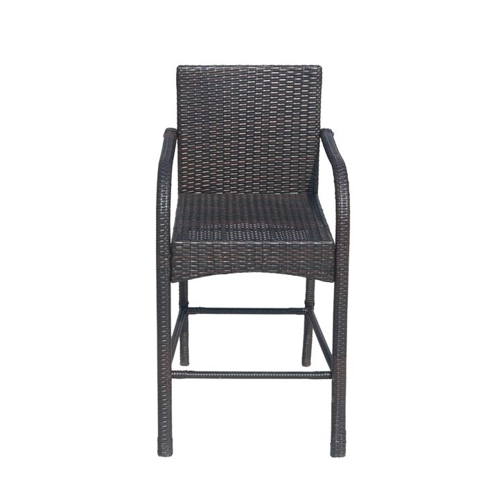 Outdoor Barstool Chair Set of 2, Gray Woven Faux Rattan, Iron Frame -Benzara