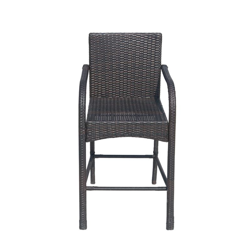Outdoor Barstool Chair Set of 2, Gray Woven Faux Rattan, Iron Frame -Benzara