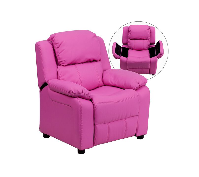 Flash Furniture Charlie Vinyl Kids Recliner with Flip-Up Storage Arms and Safety Recline, Contemporary Reclining Chair for Kids, Supports up to 90 lbs., Hot Pink