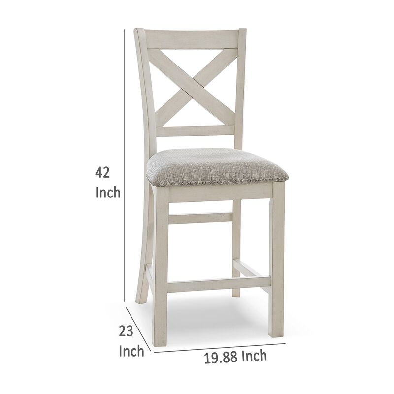 Lea Counter Height Chair Set of 2, White Solid Wood, Gray Polyester - Benzara