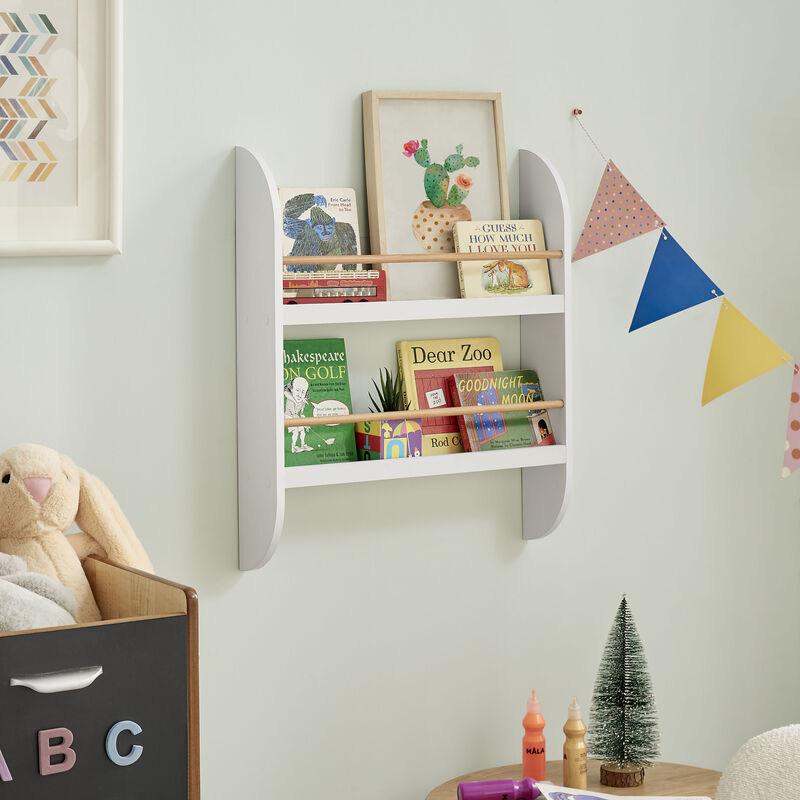Steiner White Rounded Contemporary 2-Tier Kids Book or Magazine Storage Wall-Mount Bookcase with Contrasting Wood-toned Rods