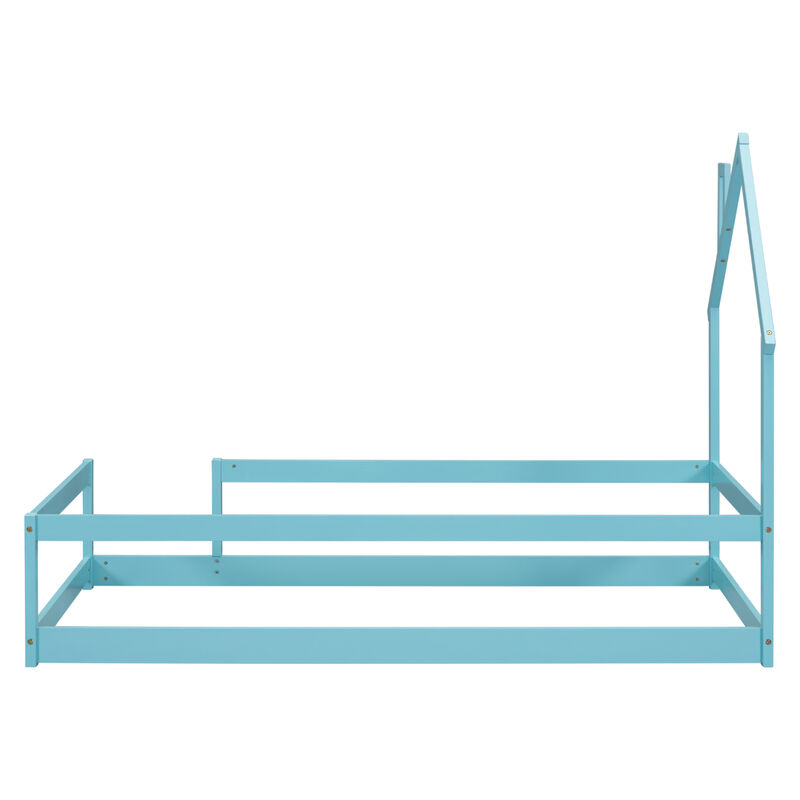Twin Size Wood Bed With House-Shaped Headboard Floor Bed With Fences, Light Blue