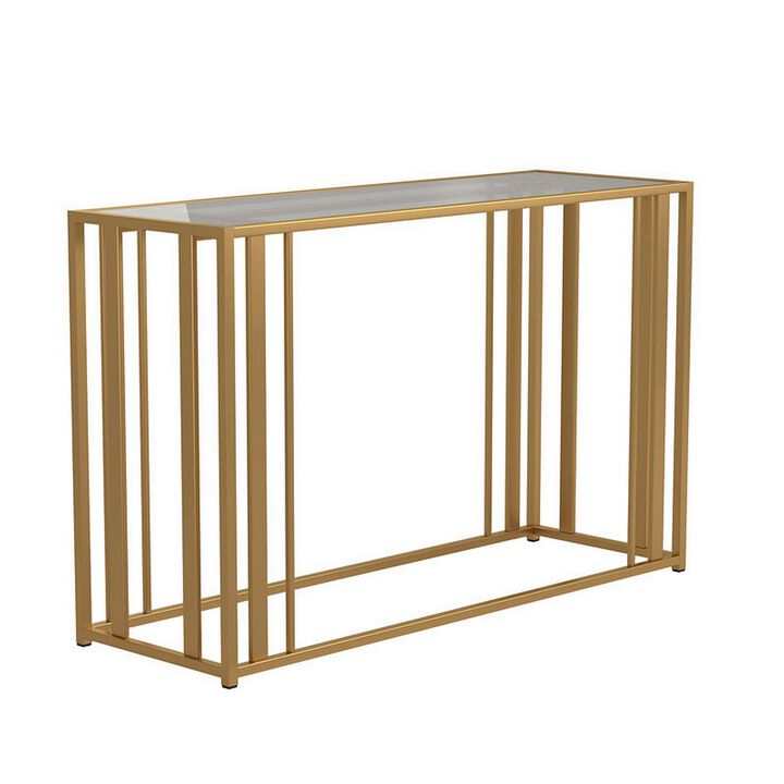 Glass Top Sofa Table with Metal Tubular Base, Brass-Benzara