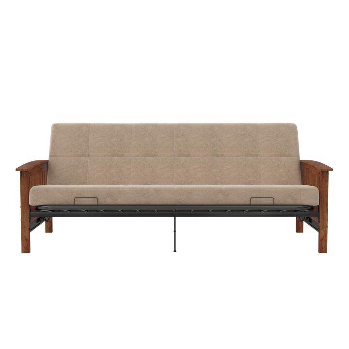 Mili Walnut Wood Arm Metal Futon Frame with 6-Inch Mattress