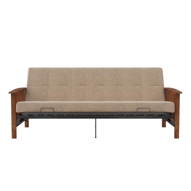Mili Walnut Wood Arm Metal Futon Frame with 6-Inch Mattress