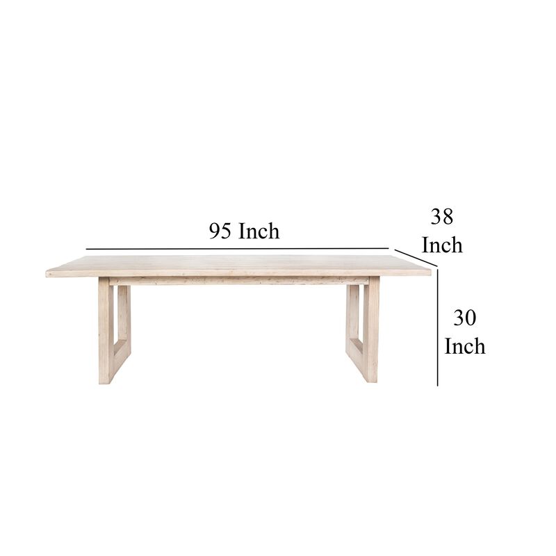 Fini Dining Table, 95 Inch Rectangular Wood Top, Sled Base, Whitewash - Benzara
