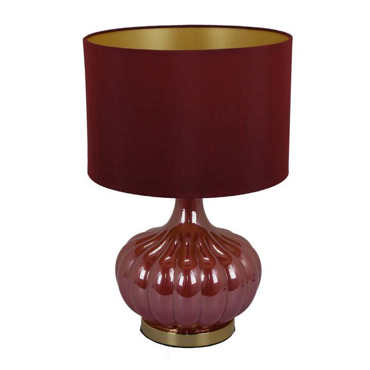 Gia 18 Inch Table Lamp, Drum Shade, Round Body with Vertical Ribs, Red - Benzara