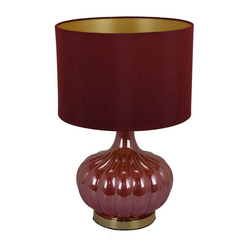 Gia 18 Inch Table Lamp, Drum Shade, Round Body with Vertical Ribs, Red - Benzara