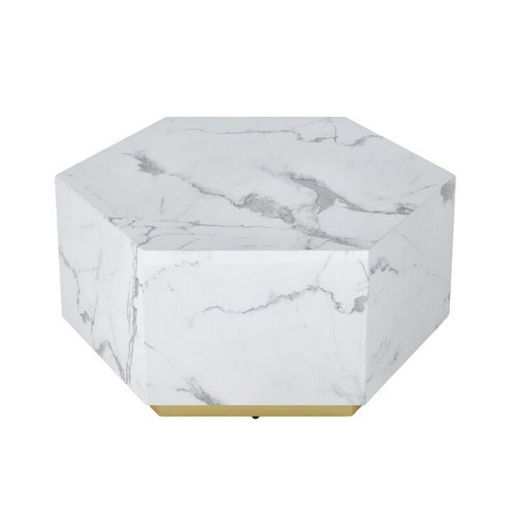 Hexi 35 Inch Coffee Table, Hexagonal, White Marble Design, Gold Base - Benzara