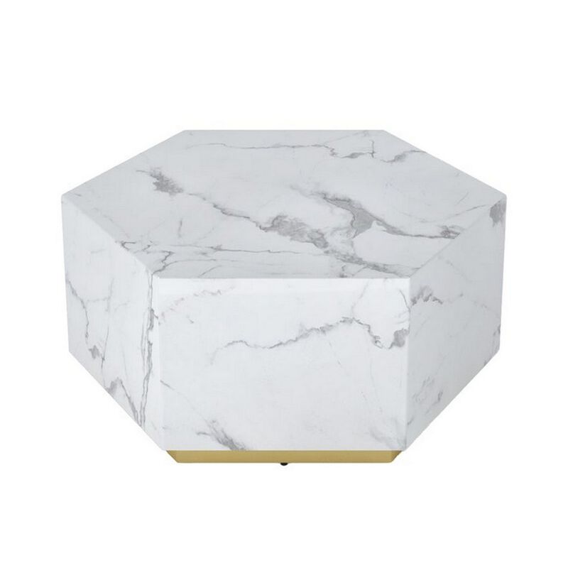 Hexi 35 Inch Coffee Table, Hexagonal, White Marble Design, Gold Base - Benzara