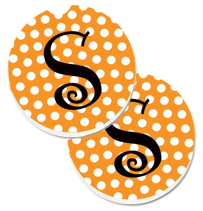 Caroline's Treasures Monogram Initial S Orange Polkadots Set of 2 Cup Holder Car Coasters CJ1033-SCARC, 2.56, Multicolor