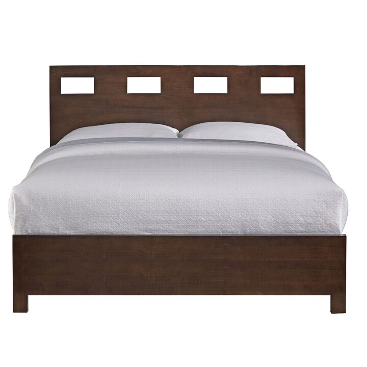 Yee Mahogany Wood Queen Bed with Storage, Panel Cut Out Design, Dark Brown - Benzara