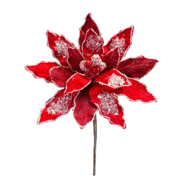Velvet Poinsettia Stem with Bead Accents Festive Holiday Floral Decoration (Set of 6)