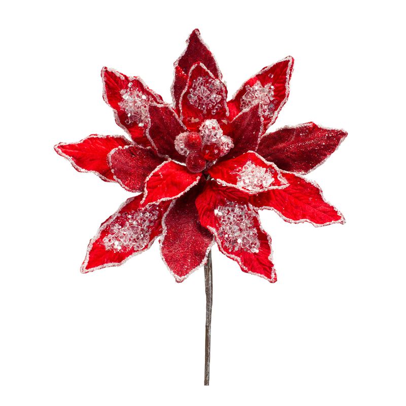 Velvet Poinsettia Stem with Bead Accents Festive Holiday Floral Decoration (Set of 6)