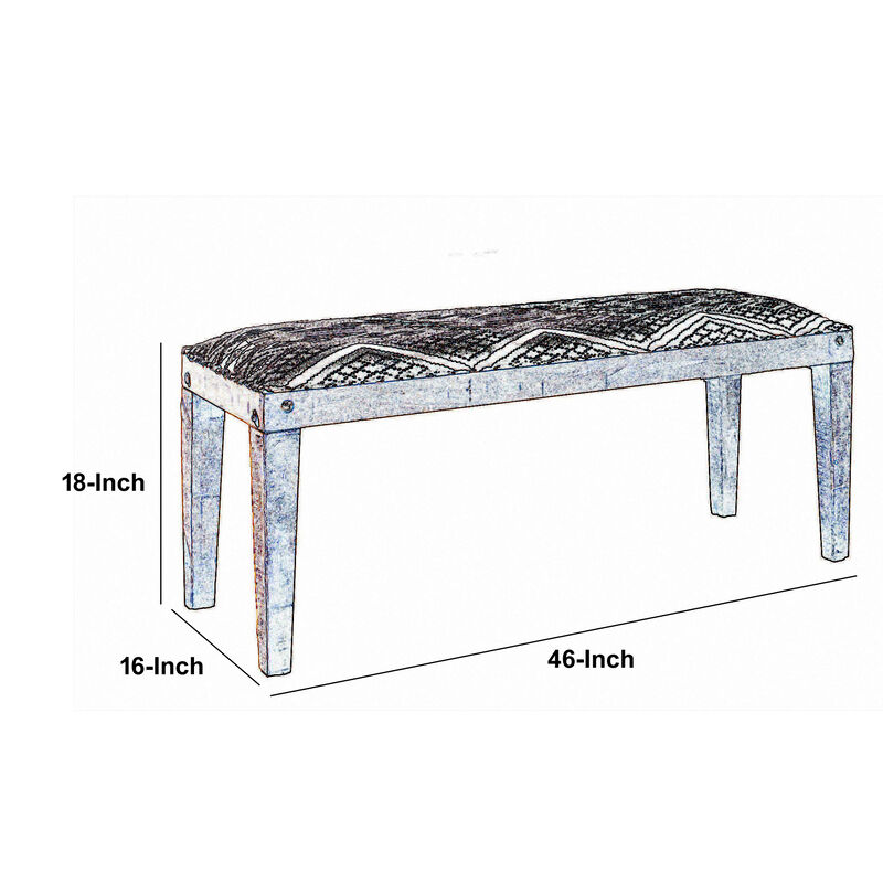 Fabric Upholstered Wooden Bench with Tapered Legs, Brown and Blue-Benzara