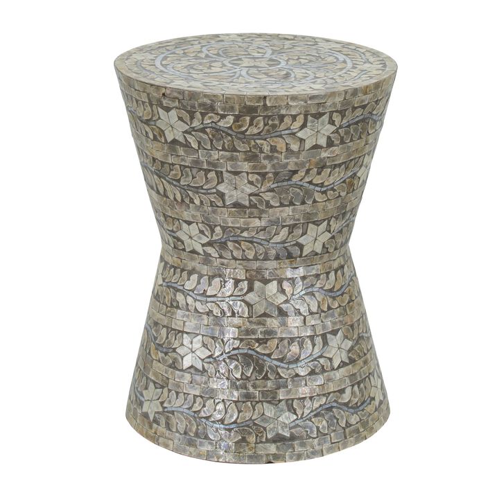 19 Inch Luxury Accent Table Stool, Star Foliage Pattern, Gray and Brown - Benzara