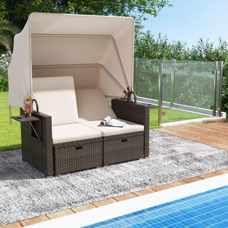Hivvago Outdoor Patio Rattan Daybed with Retractable Canopy and Adjustable Backrests