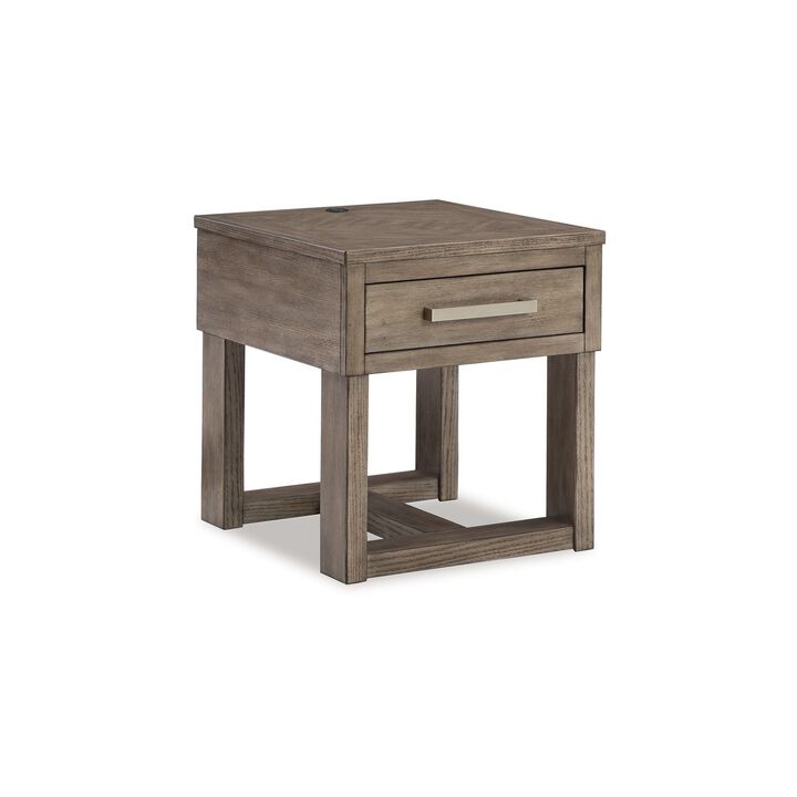 Aska Rectangular Side End Table with Drawer, USB Port, 24 Inch Gray - Benzara