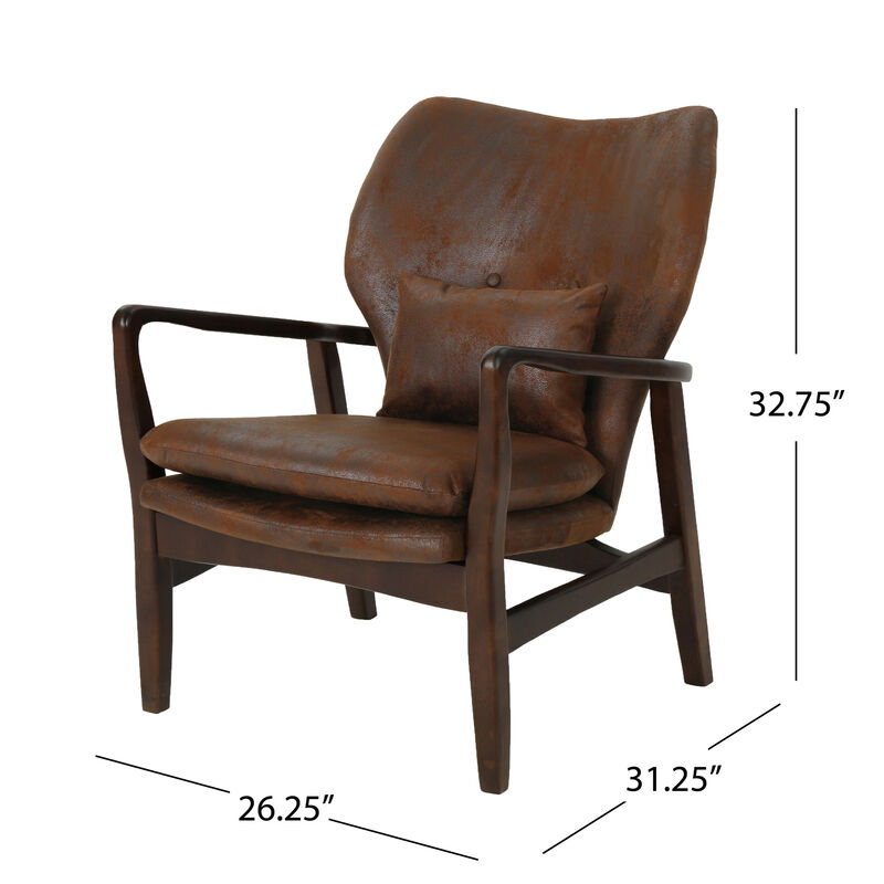 Keya Accent Chair, Dark Brown Microfiber, Button Tufted Back, Accent Pillow - Benzara