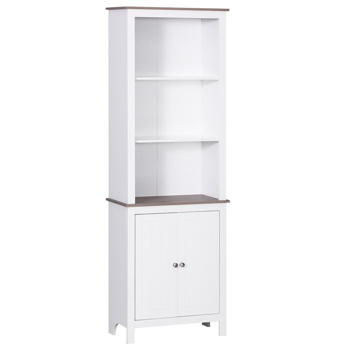 Slim White Storage: Space-Saving Bathroom Cabinet with Wood-Like Top