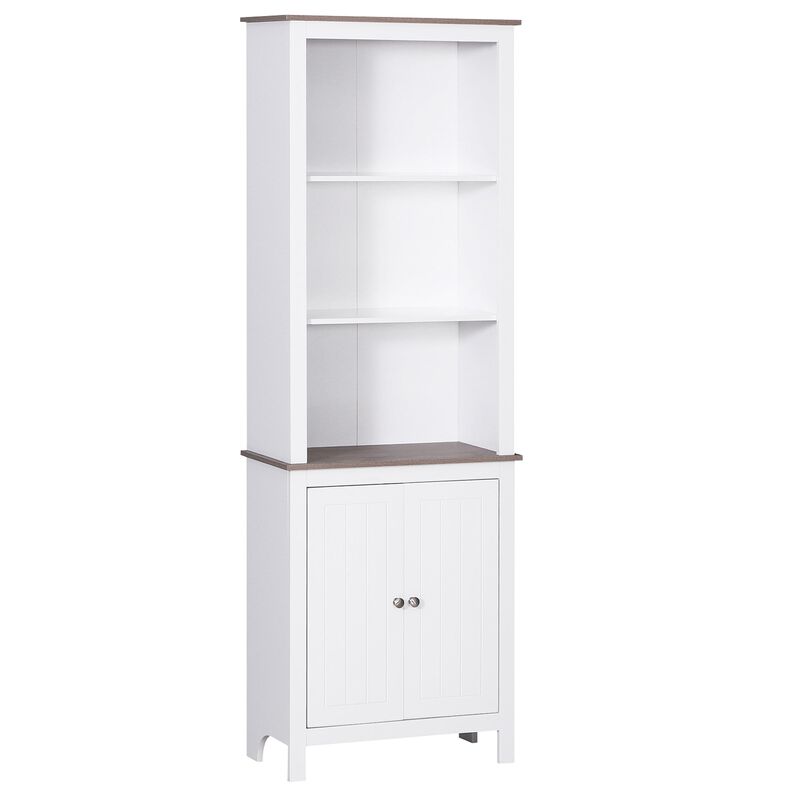 Slim White Storage: Space-Saving Bathroom Cabinet with Wood-Like Top