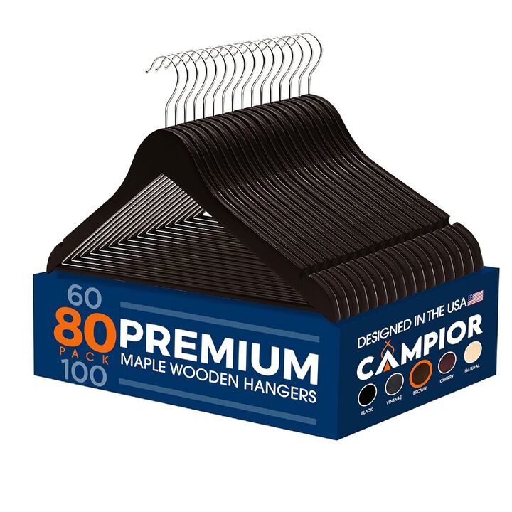 Wooden Clothes Hangers - 80 Pack, Durable, Non-Slip, Space-Saving Hangers for Dresses, Coats, and More, Holds Up to 10 lbs with 360° Swivel Hook, Brown Finish
