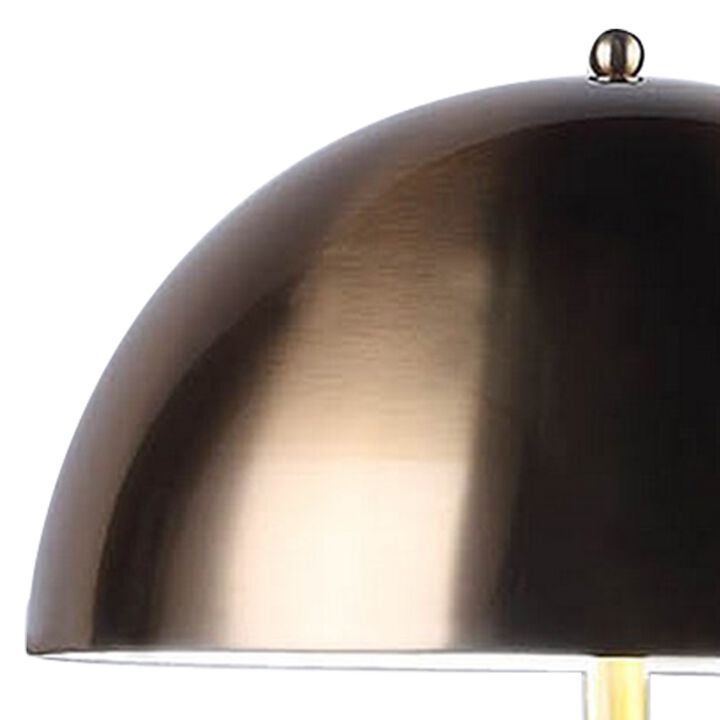 Aria 21 Inch Table Lamp, Dome Shade, Round Base, Black Faux Leather, Brass-Benzara