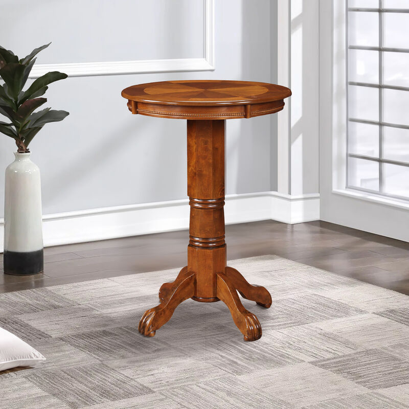 Ava 42 Inch Wood Pub Bar Table, Sunburst Design, Carved Pedestal, Walnut-Benzara