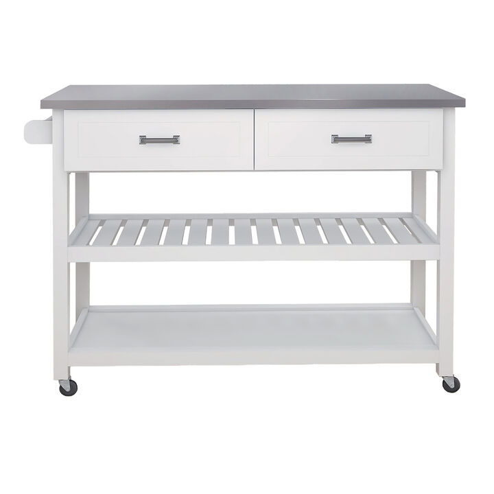 White Wood 47.24 in. Kitchen Island with Stainless Steel Top and Wheels