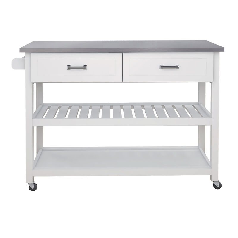 White Wood 47.24 in. Kitchen Island with Stainless Steel Top and Wheels