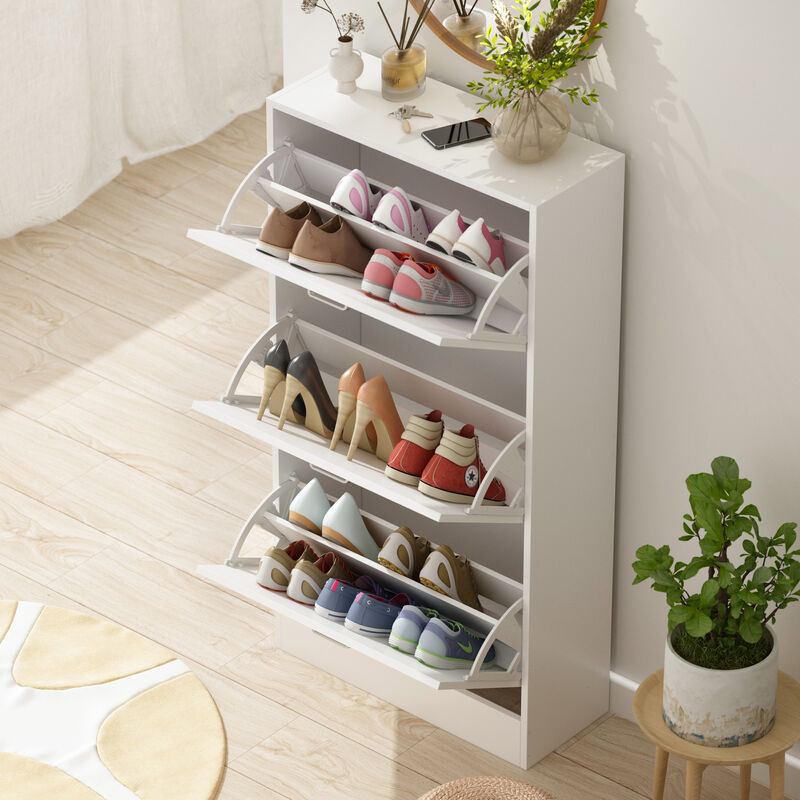 23.6 in. W x 45.5 in. H White Wood 18-Pair Wood Shoe Storage Cabinet with 6-Foldable Compartments