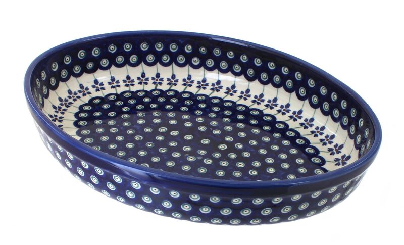 Blue Rose Polish Pottery Flowering Peacock Medium Oval Baker